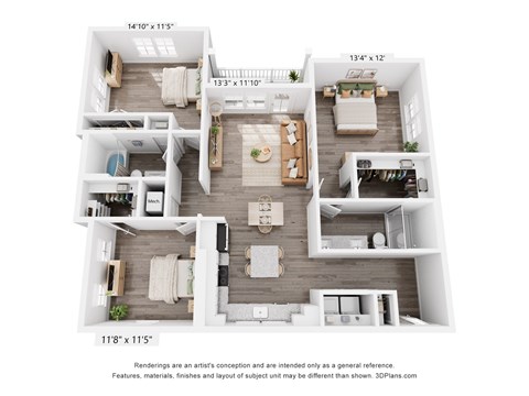 Floor plan for 3 beds, 2 baths, 1325 sqft